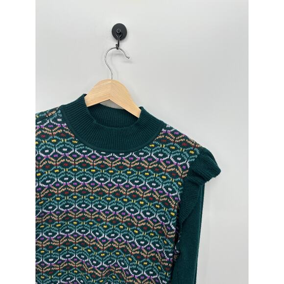 Loft Women Green Geo Jacquard Ruffle Mock Neck Sweater Size L Fall Winter Career - Picture 5 of 8